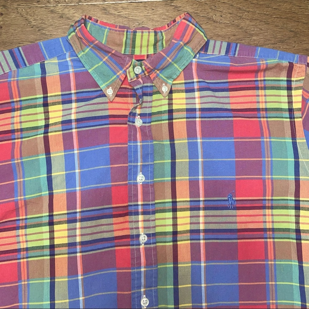 Ralph Lauren Mens Button Down Shirt Multicolor Plaid Short Sleeve Classic Fit LT
